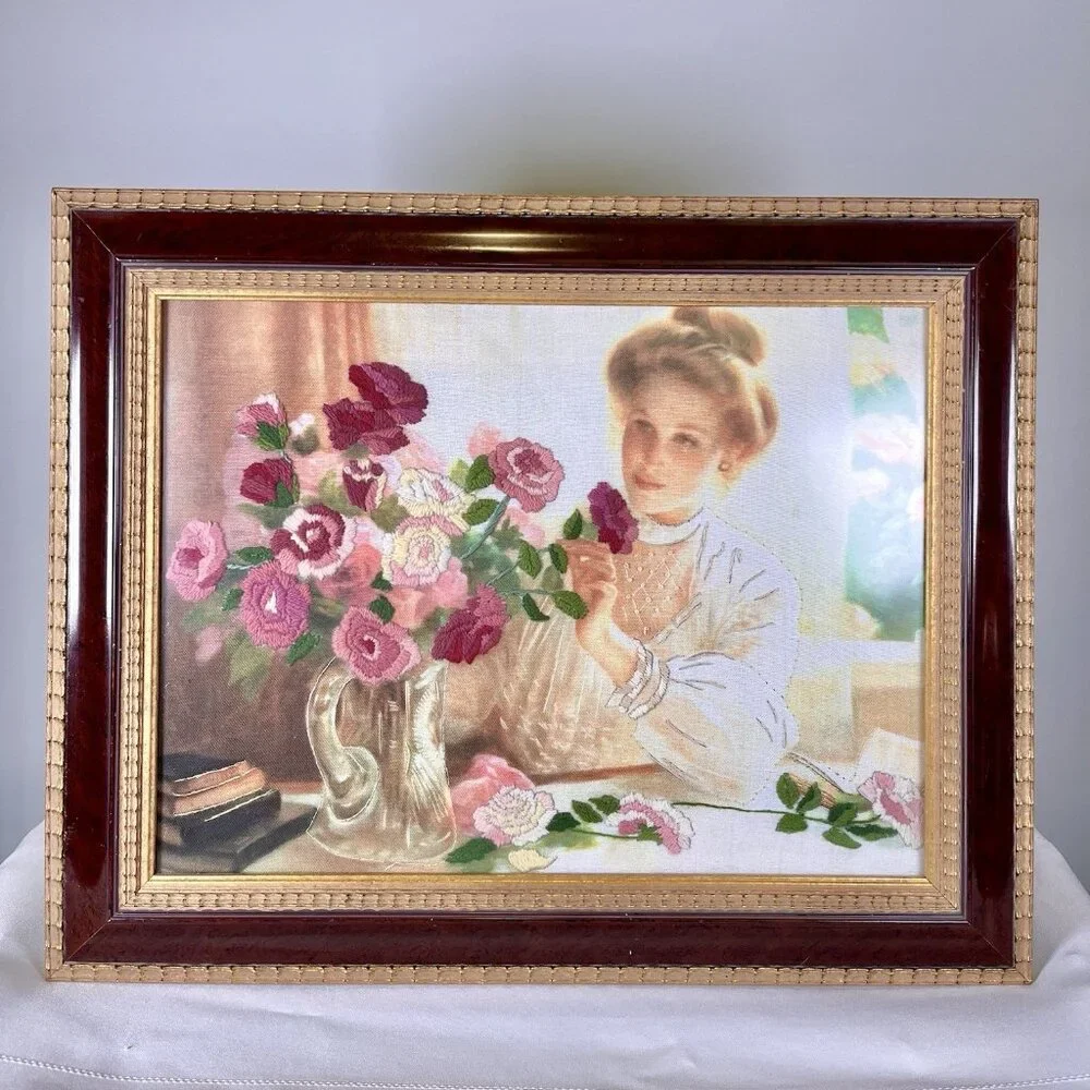 Vintage 3D Embroidered Canvas Victorian Woman W/ Pink Flowers Gold Gilt Framed
